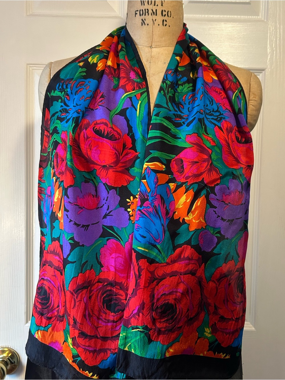 Vintage Floral Silk Head Scarf - Straight Scarf with Rose Pattern